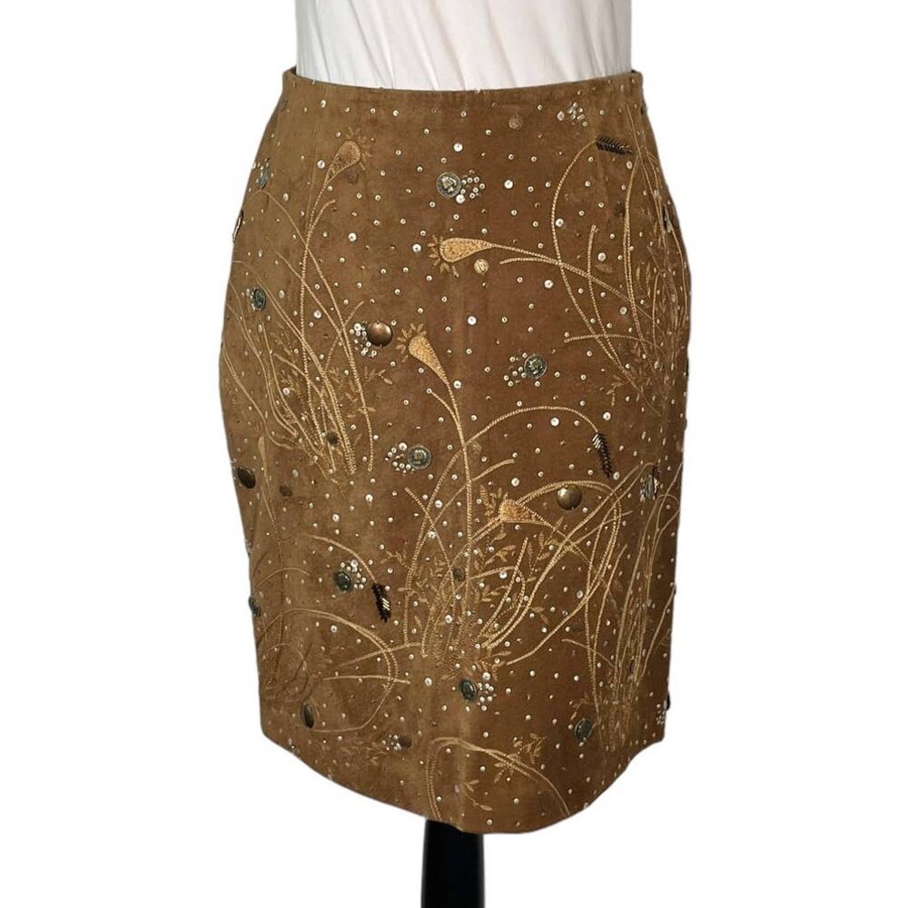 Vintage Oscar De La Renta Brown Suede Beaded Pencil Skirt Size 8
